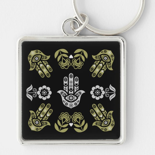 Hamsa Hand Skydds Konst Fyrkantig Silverfärgad Nyckelring (Framsidan)