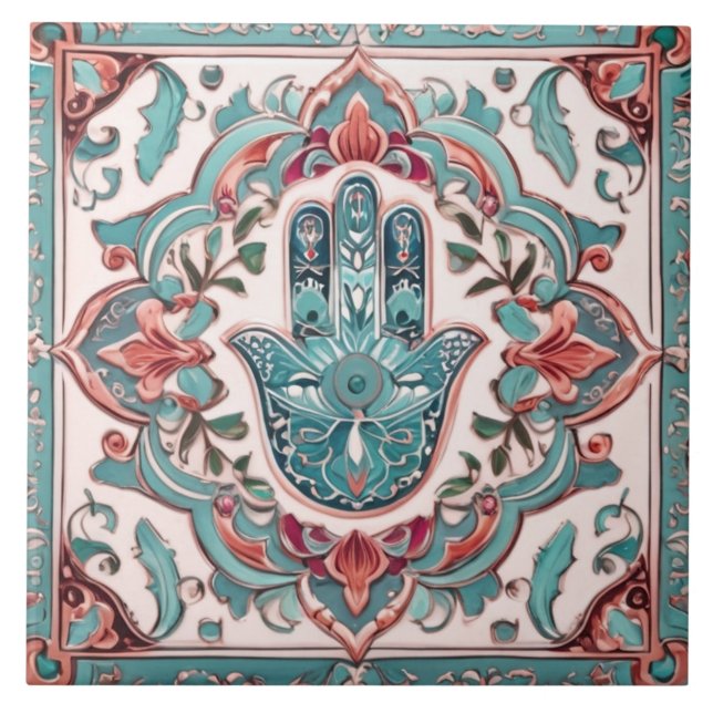 Hamsa Hand Symbol - Aqua Turkvoise Hand of Fatima Kakelplatta (Framsidan)