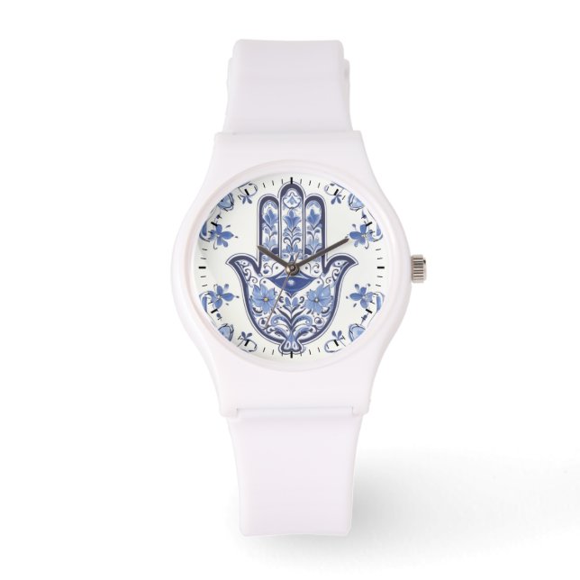 Hamsa Hand Symbol - Blue and White Hand of Fatima Armbandsur (Framsida)