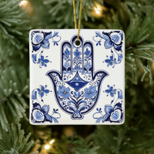 Hamsa Hand Symbol - Blue and White Hand of Fatima Julgransprydnad Keramik