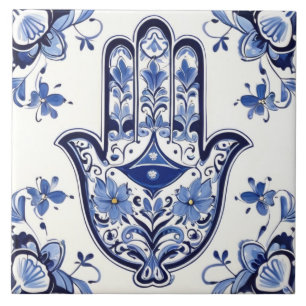 Hamsa Hand Symbol - Blue and White Hand of Fatima Kakelplatta