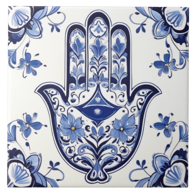 Hamsa Hand Symbol - Blue and White Hand of Fatima Kakelplatta (Framsidan)