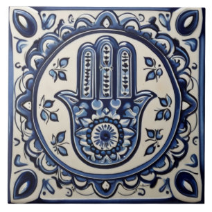 Hamsa Hand Symbol - Blue and White Hand of Fatima Kakelplatta