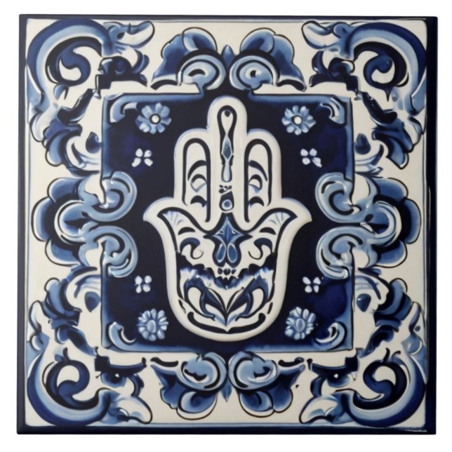 Hamsa Hand Symbol - Blue and White Hand of Fatima Kakelplatta (Framsidan)