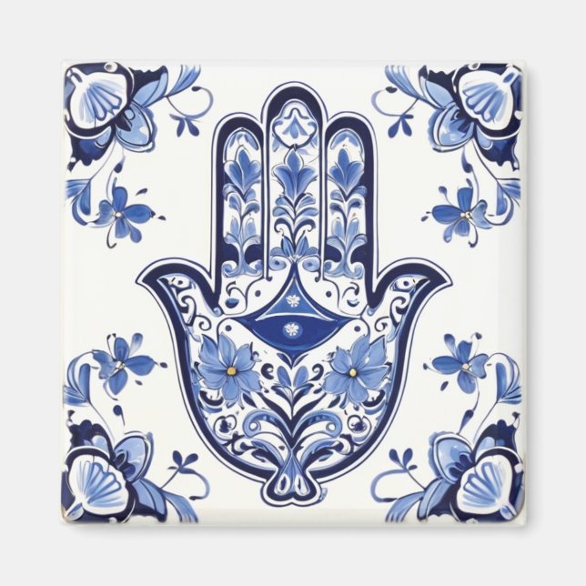 Hamsa Hand Symbol - Blue and White Hand of Fatima Magnet (Framsidan)