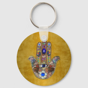 Hamsa Hearts Flowers Opal Art on Gold Nyckelring