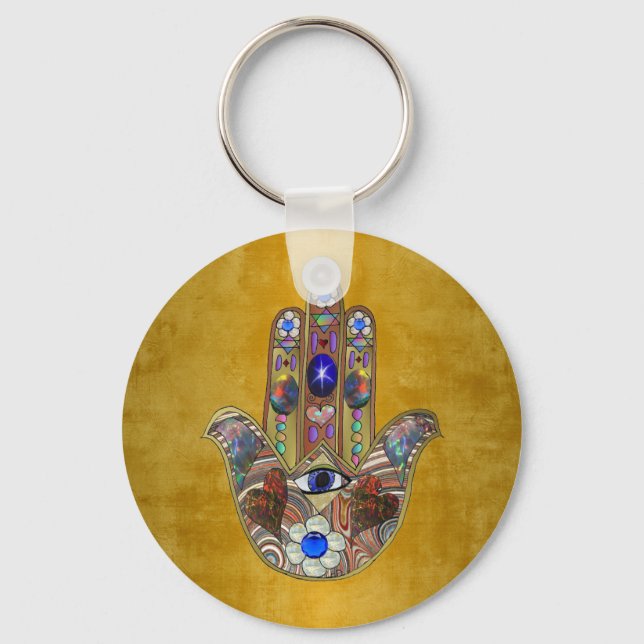 Hamsa Hearts Flowers Opal Art on Gold Nyckelring (Framsida)