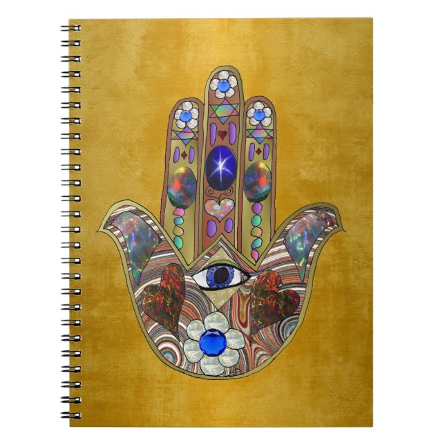 Hamsa Hearts Flowers Opal Art på Guld Anteckningsbok (Framsidan)