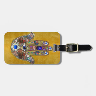 Hamsa Hearts Flowers Opal Art på Guld Bagagebricka