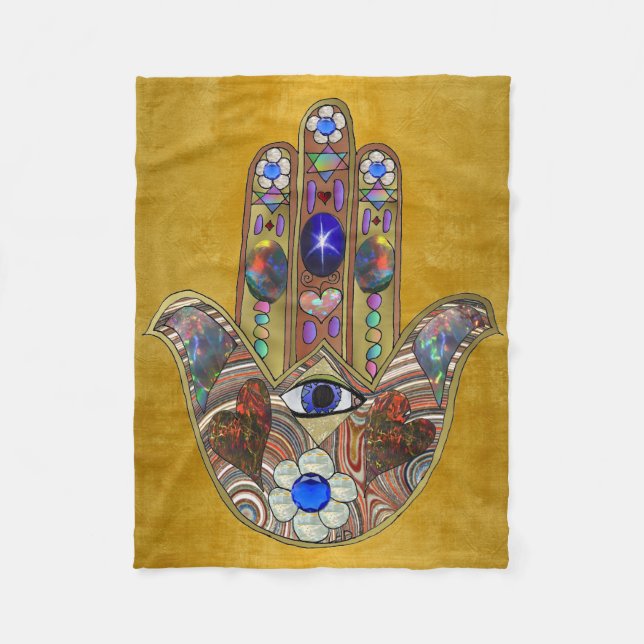 Hamsa Hearts Flowers Opal Art på Guld Fleecefilt (Framsidan)
