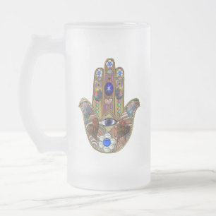 Hamsa Hearts Flowers Opal Art på Guld Frostat Ölglas