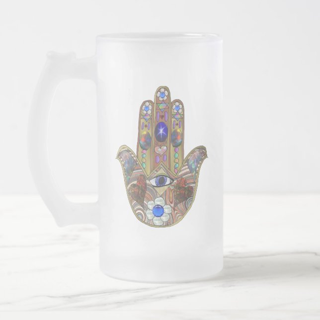Hamsa Hearts Flowers Opal Art på Guld Frostat Ölglas (Vänster)