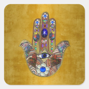 Hamsa Hearts Flowers Opal Art på Guld Fyrkantigt Klistermärke