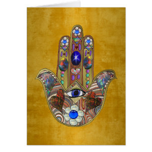 Hamsa Hearts Flowers Opal Art på Guld Hälsningskort