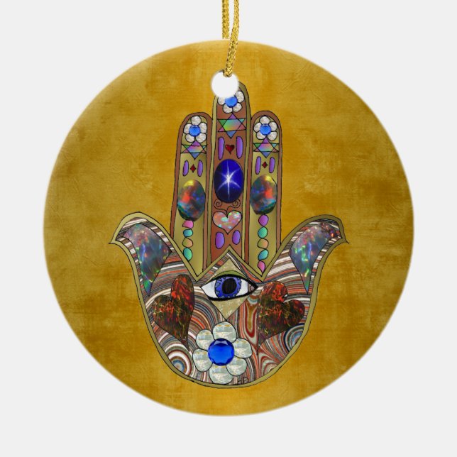 Hamsa Hearts Flowers Opal Art på Guld Julgransprydnad Keramik (Framsidan)