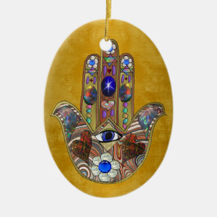 Hamsa Hearts Flowers Opal Art på Guld Julgransprydnad Keramik