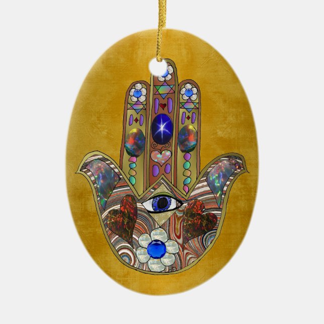 Hamsa Hearts Flowers Opal Art på Guld Julgransprydnad Keramik (Framsidan)
