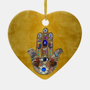Hamsa Hearts Flowers Opal Art på Guld Julgransprydnad Keramik
