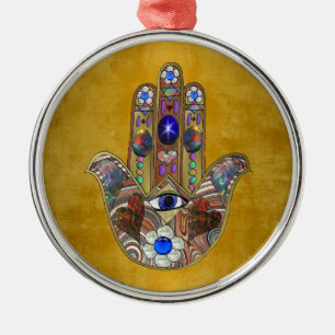 Hamsa Hearts Flowers Opal Art på Guld Julgransprydnad Metall