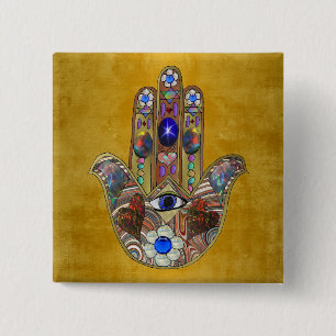 Hamsa Hearts Flowers Opal Art på Guld Knapp