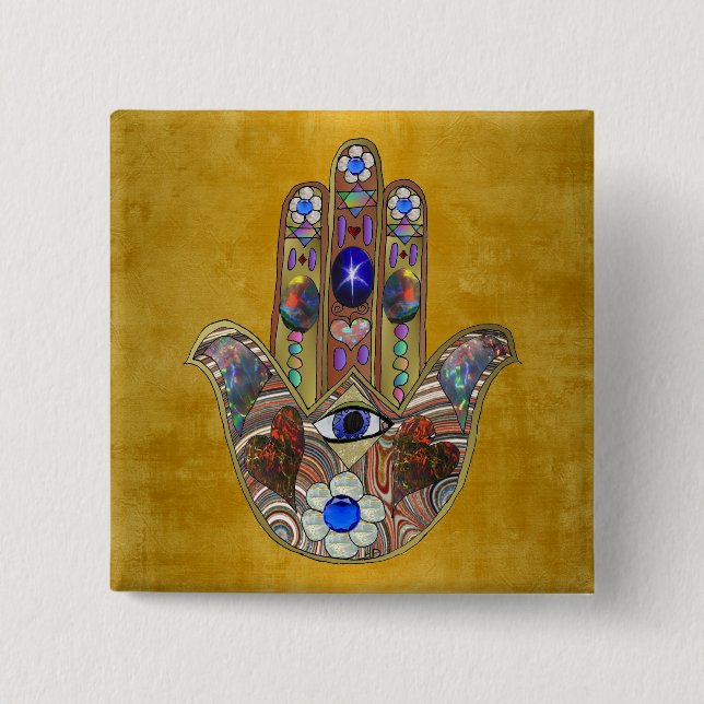 Hamsa Hearts Flowers Opal Art på Guld Knapp (Framsida)