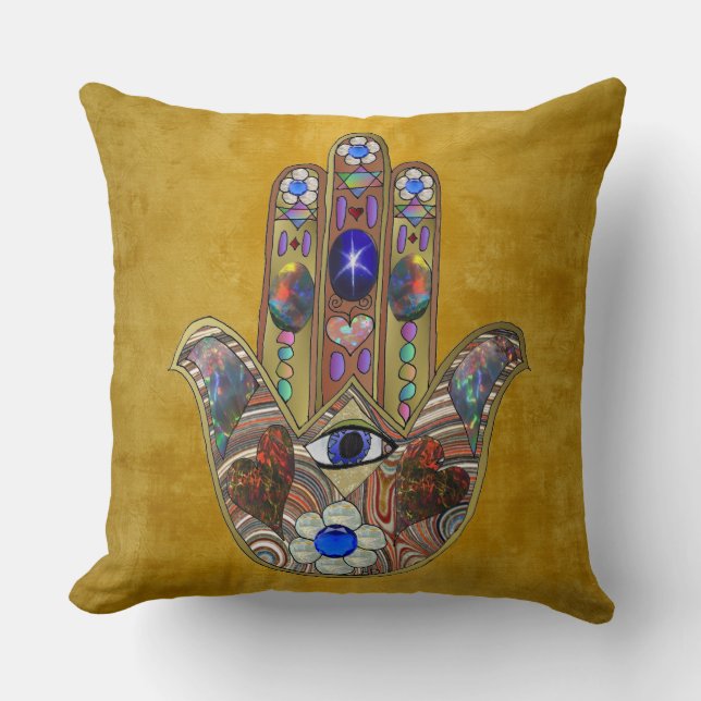 Hamsa Hearts Flowers Opal Art på Guld Kudde (Framsida)