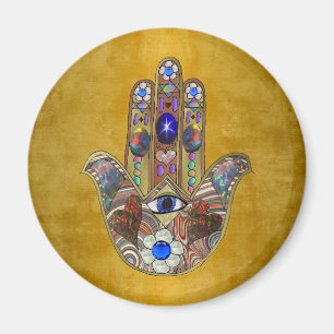 Hamsa Hearts Flowers Opal Art på Guld Magnet
