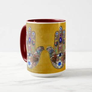 Hamsa Hearts Flowers Opal Art på Guld Mugg