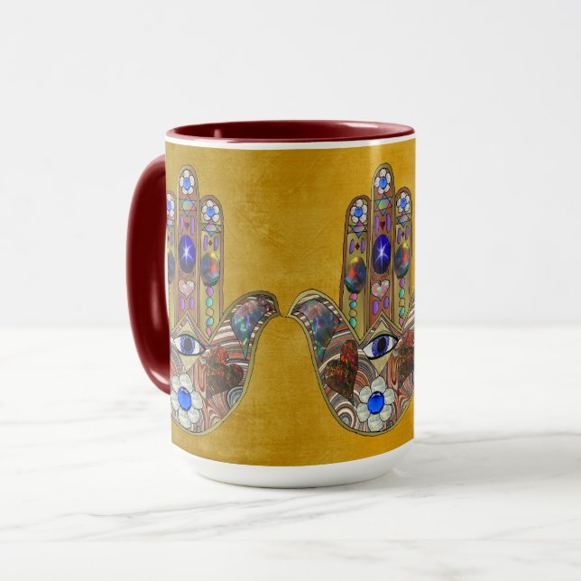 Hamsa Hearts Flowers Opal Art på Guld Mugg (Framsida vänster)