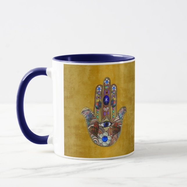 Hamsa Hearts Flowers Opal Art på Guld Mugg (Vänster)