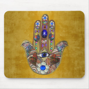 Hamsa Hearts Flowers Opal Art på Guld Musmatta