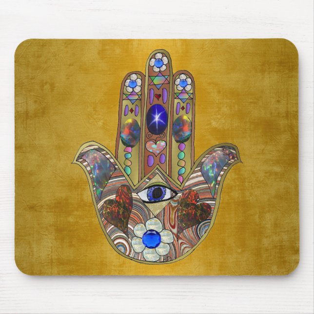 Hamsa Hearts Flowers Opal Art på Guld Musmatta (Framsidan)