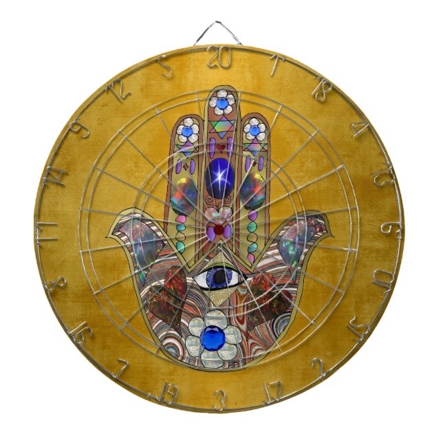 Hamsa Hearts Flowers Opal Art på Guld Piltavla (Framsidan)