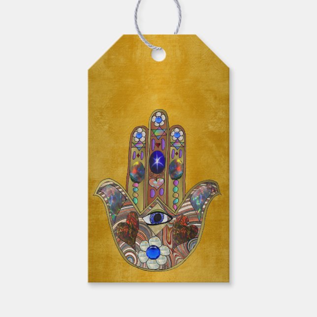 Hamsa Hearts Flowers Opal Art på Guld Presentetikett (Framsidan)