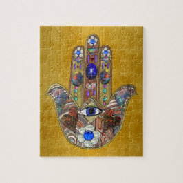 Hamsa Hearts Flowers Opal Art på Guld Pussel