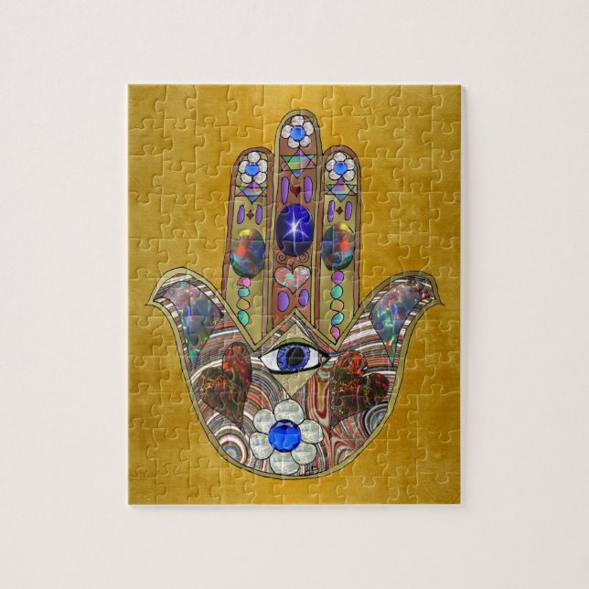 Hamsa Hearts Flowers Opal Art på Guld Pussel (Vertikal)