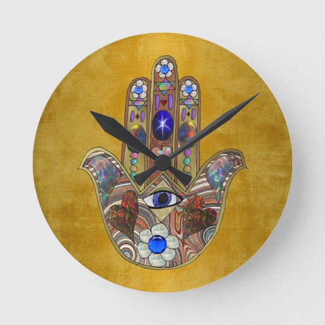 Hamsa Hearts Flowers Opal Art på Guld Rund Klocka (Framsida)