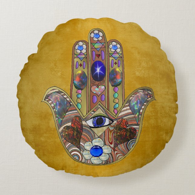Hamsa Hearts Flowers Opal Art på Guld Rund Kudde (Framsidan)