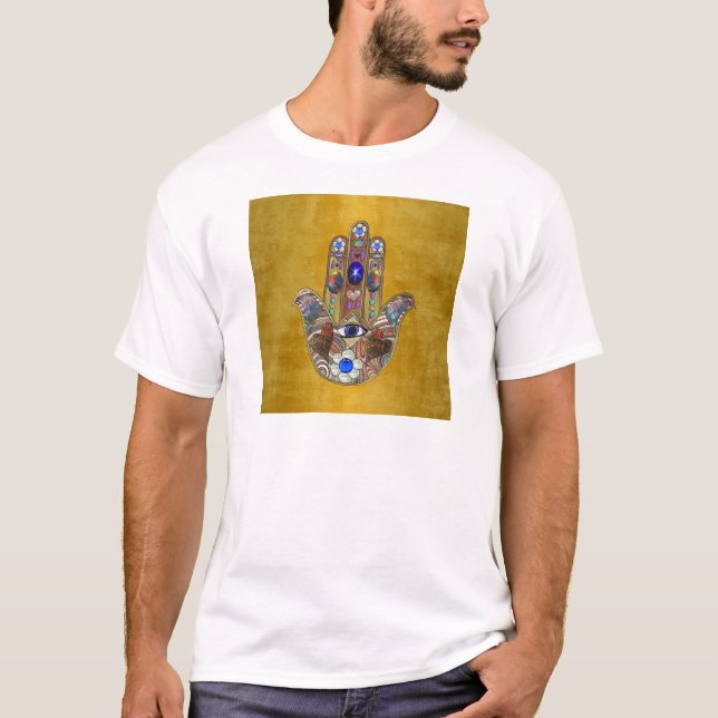 Hamsa Hearts Flowers Opal Art på Guld T-shirt (Framsida)