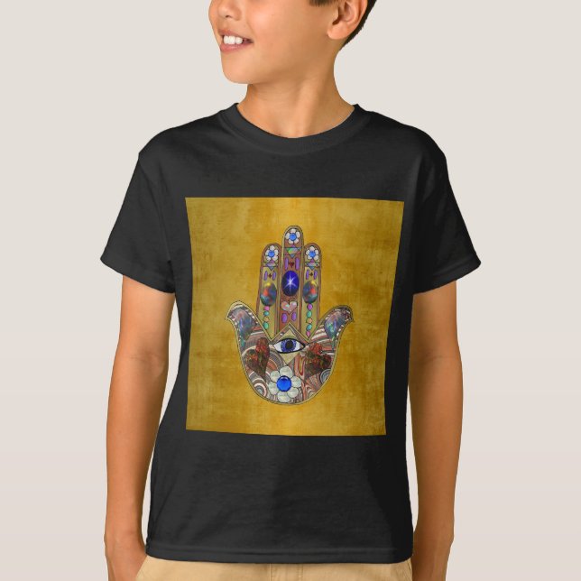 Hamsa Hearts Flowers Opal Art på Guld T Shirt (Framsida)
