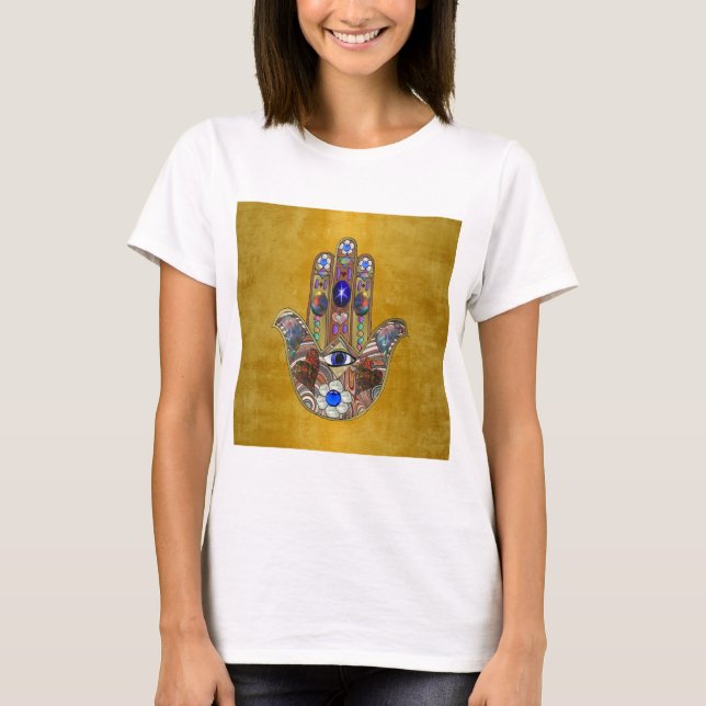 Hamsa Hearts Flowers Opal Art på Guld T-shirt (Framsida)