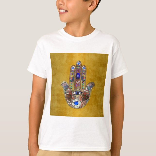 Hamsa Hearts Flowers Opal Art på Guld Tee (Framsida)