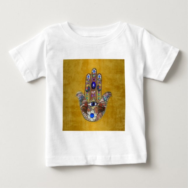 Hamsa Hearts Flowers Opal Art på Guld Tee (Framsida)