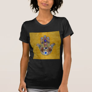 Hamsa Hearts Flowers Opal Art på Guld Tee