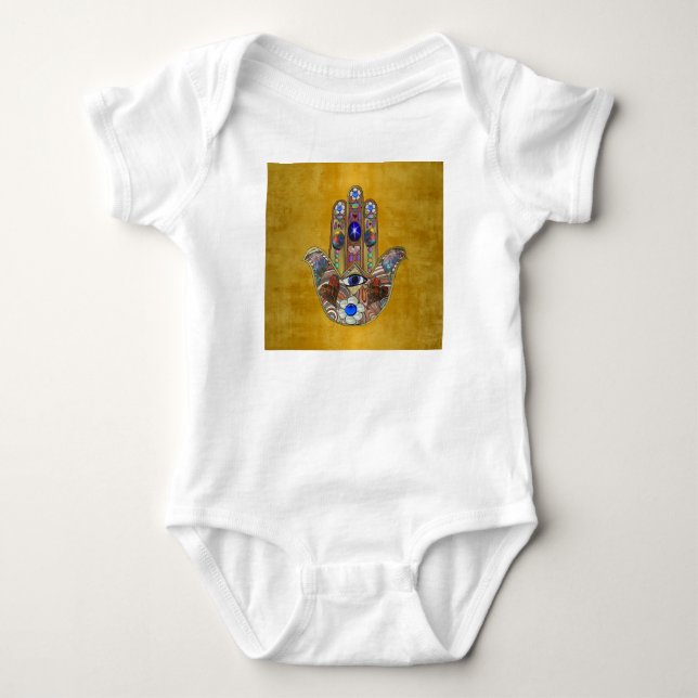 Hamsa Hearts Flowers Opal Art på Guld Tee Shirt (Framsida)