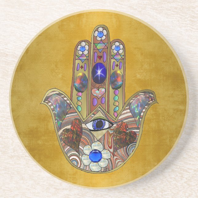 Hamsa Hearts Flowers Opal Art på Guld Underlägg (Framsidan)