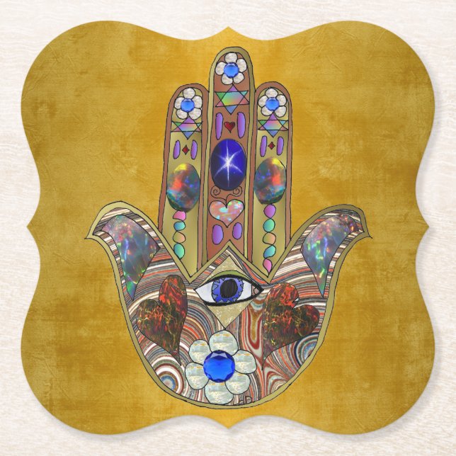 Hamsa Hearts Flowers Opal Art på Guld Underlägg Papper (Framsida)