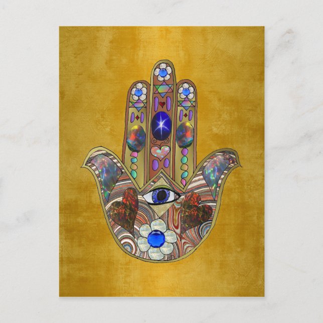 Hamsa Hearts Flowers Opal Art på Guld Vykort (Framsida)