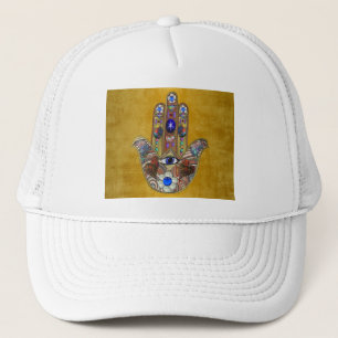 Hamsa Hjärtan Blommor Opal Konst på Guld Keps