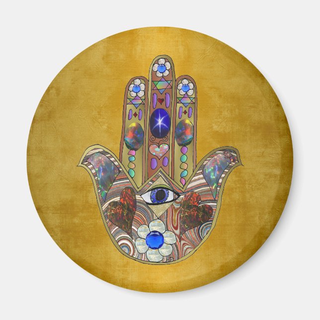 Hamsa Hjärtan Blommor Opal Konst på Guld Magnet (Framsidan)